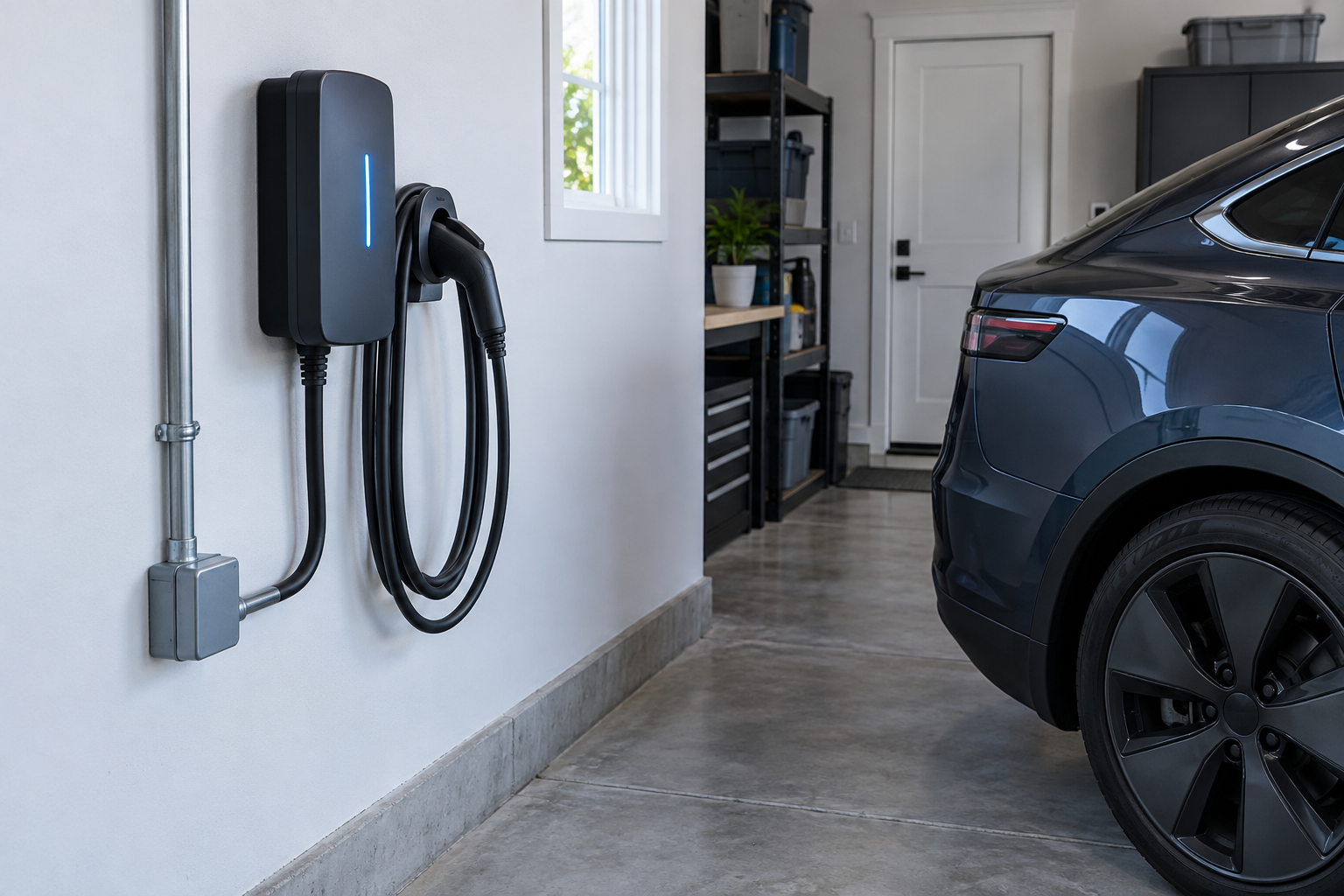 Example of a wall-mounted electric vehicle charger in a residential garage